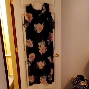 Avenue Black and Pink Floral Cold Shoulder Sheer Lined Sheath Dress 22/24 Nwot